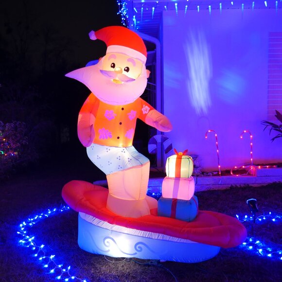 6 Ft Hang Ten Surfing Santa LED Christmas Inflatable Airblown Beach Longboard - Picture 1 of 5